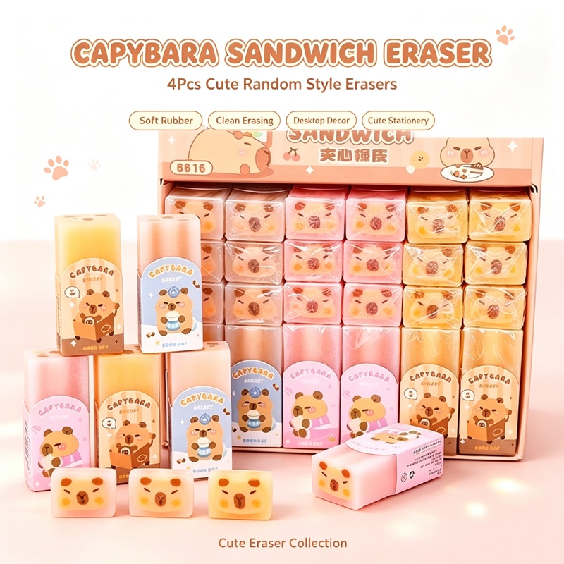 Stationery Office - 3/15/36Pcs Cute Capybara Sandwich Eraser, Cartoon
